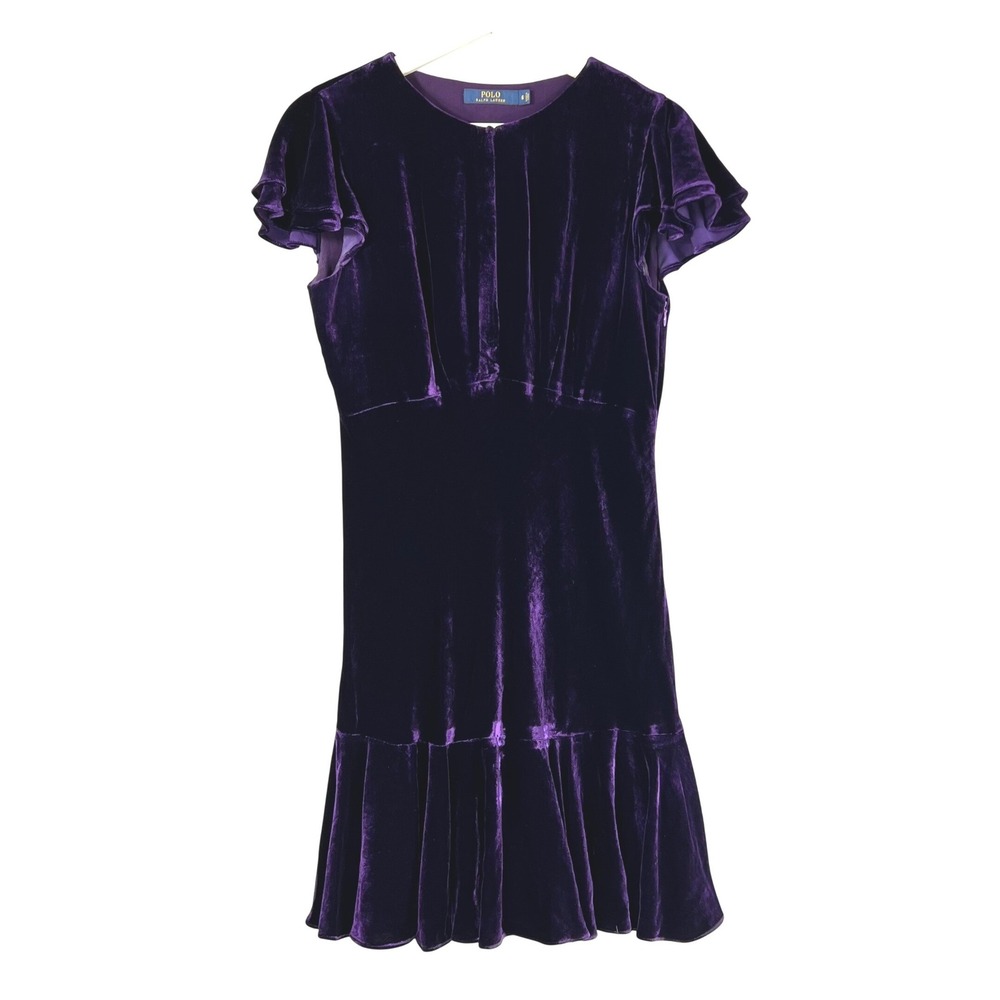 Polo Ralph Lauren Purple Velvet Empire Waist Flutter Sleeve Ruffle Dress Size 8